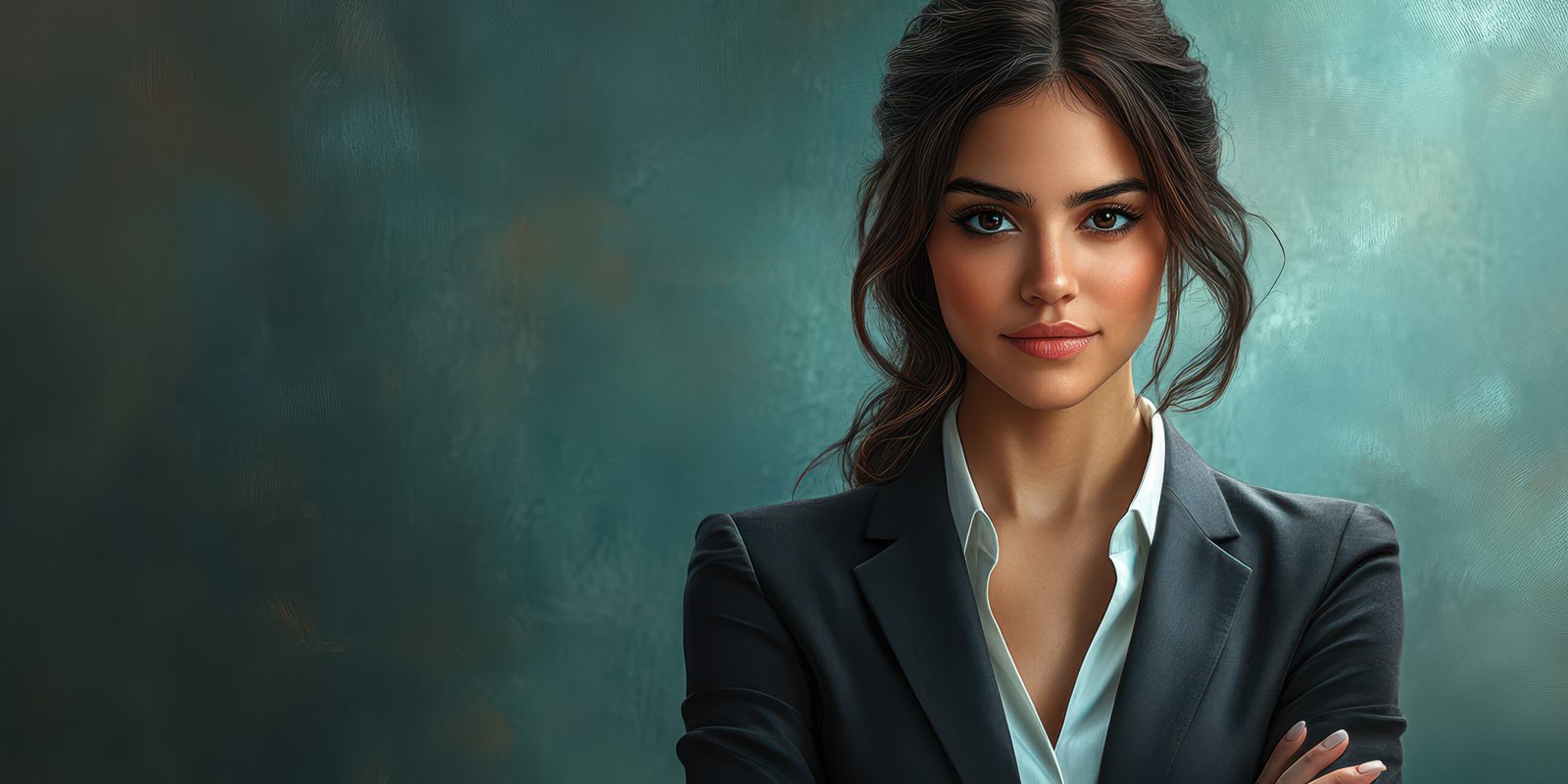 Confident woman in a business suit posed against a textured backdrop with a thoughtful expression and crossed arms